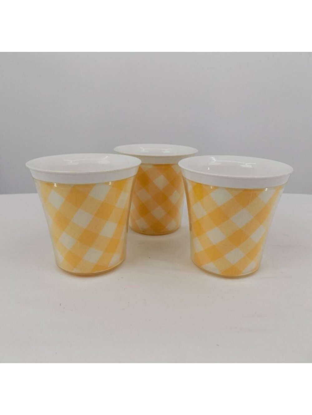 Set of 3 Yellow Gingham Plaid Insulated Vintage Plastic Mugs Cups 3.75" Tall